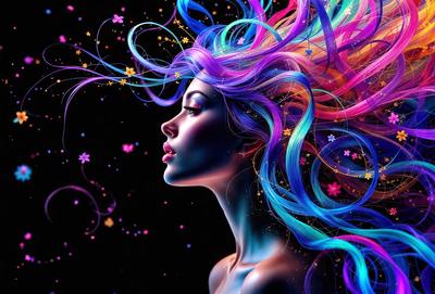 The primary subject of the image is a woman with long, colorful hair. She is the main focus of the image, and her hair is the most prominent feature. The setting is a dark background, which contrasts with the woman's hair and adds a dramatic effect to the image. The visual style is a digital art or illustration, as the woman's hair is depicted with a vibrant and colorful appearance. The colors and mood of the image are lively and energetic, with the woman'
